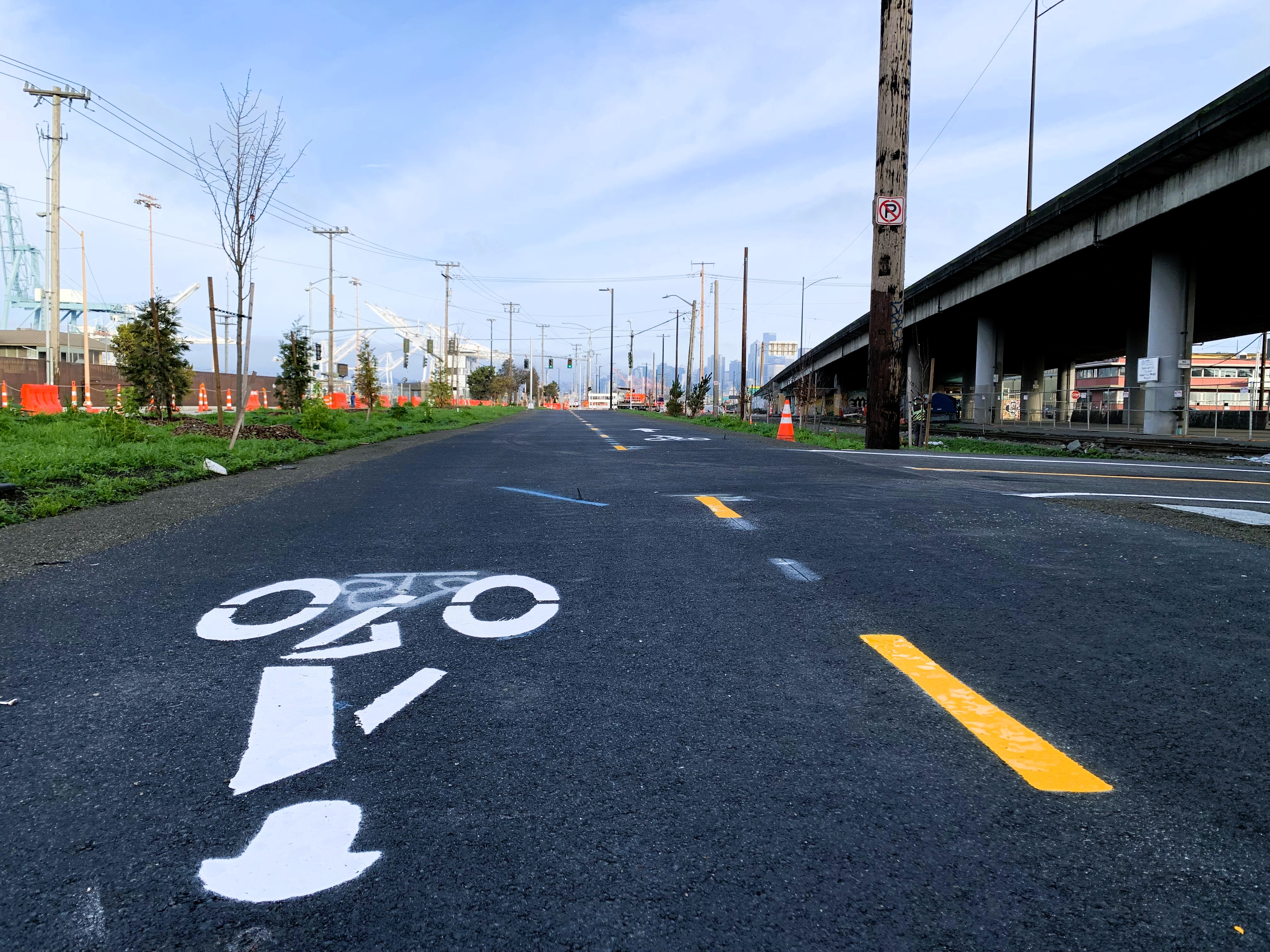 The new bike path is partly finished